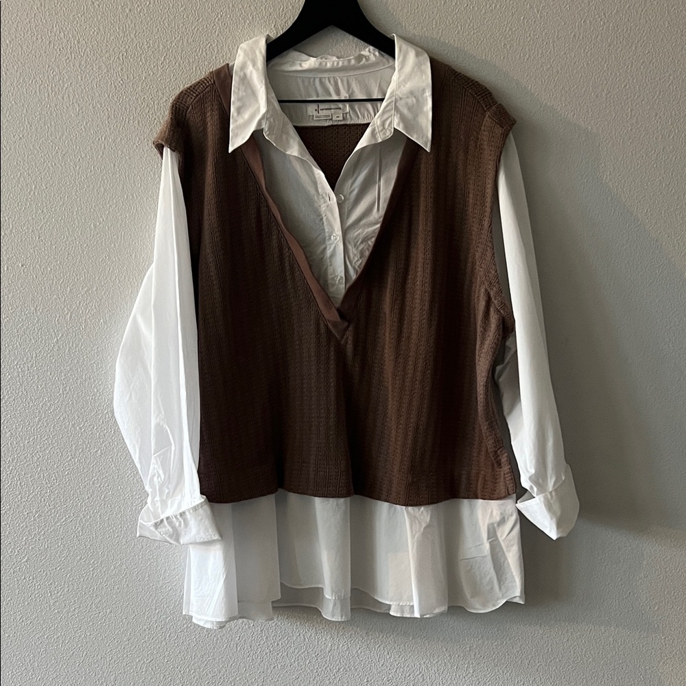 Anthropologie Brown Knit Vest Over White Blouse